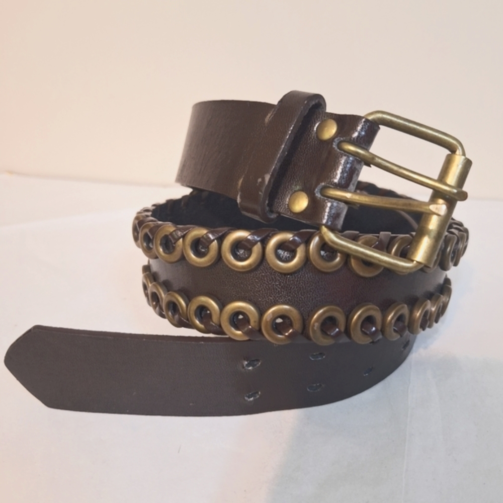 Buffalo David Bitton Brown Leather Double Prong Grommet Belt Size L 34 Grunge